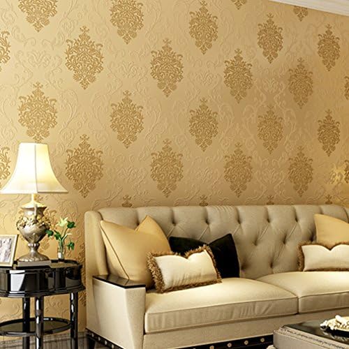 Modern Upgraded Environmental Protection Non-woven Fabrics Wallpaper,3D Victorian Damask Embossed Textured Wallpapers Stickers for Livingroom TV Background,21.6 x 393.7Inch,Yellow