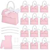 BENECREAT 16 Sets Pink Wedding Favors Box DIY Set, Kraft Paper Box with Pearl Handle, Ribbons, Stickers, Gift Boxes for Birthday, Party Favor, Boutique, Wedding and Anniversary