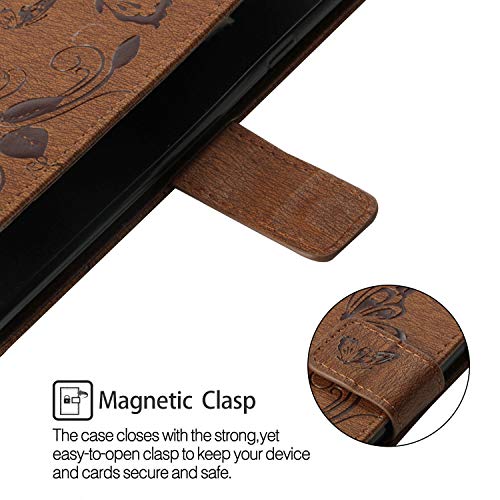 Funyye Wrist Strap Leather Cover for Samsung Galaxy S10,Brown Magnetic Flip Butterfly Embossing Flower Pattern Folio Wallet Case with Stand Credit Card Holder Slots Case for Samsung Galaxy S10