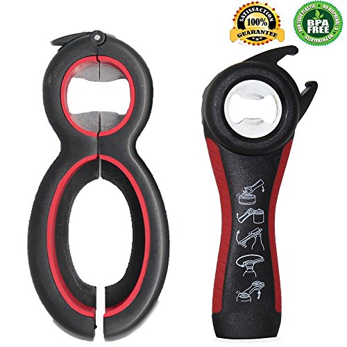 Multi Bottle Opener, Showshow Bottle Can Opener, Lid Twist Off Gripper, for Seniors Rheumatoid Arthritis (5 in 1) (2 pack black)