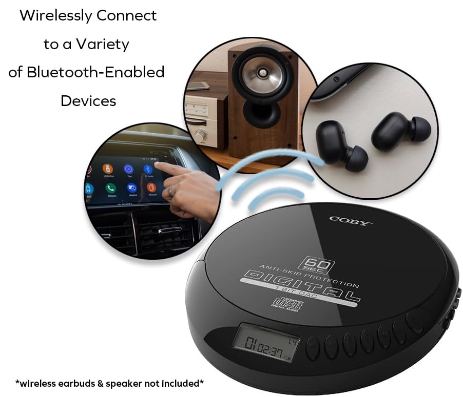 Coby CD Player Portable Bluetooth CD Player for Car, Headphones, FM, AUX, MP3 Anti-Skip CD Player for Home, Compact Discman, Rechargeable, Lightweight