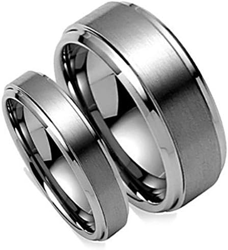 Free Personalized Laser Engraving Ring for Men and Ring for Women His & Her's 8MM/6MM Brush Center Step Edge Tungsten Carbide Wedding Band Ring Set Wedding Band Ring Ideal Rings for Couples