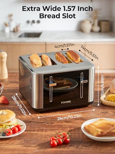 Toaster 4 Slices, 1600 W Intelligent Stainless Steel Toaster, 6 Colour Settings, Full Touchscreen Operation, Extra Wide 1.57 Inch Slot, with Digital Timer, Crumb Drawer, Silver