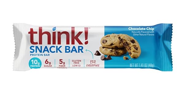 THINK! PROTEIN BARS WITH CHICORY ROOT FOR FIBER, DIGESTIVE SUPPORT, GLUTEN FREE WITH WHEY PROTEIN ISOLATE, CHOCOLATE CHIP, SNACK BARS WITHOUT ARTIFICIAL SWEETENERS, 1.4 OZ (10 COUNT)