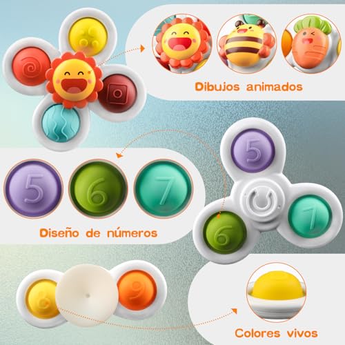 ECHOCUBE Suction Cup Spinner Toys, 3 Pieces Educational Rotating Sensory Toys, Suction Cup High Chair Toy, Suction Cup Bath Toys for Boys and Girls