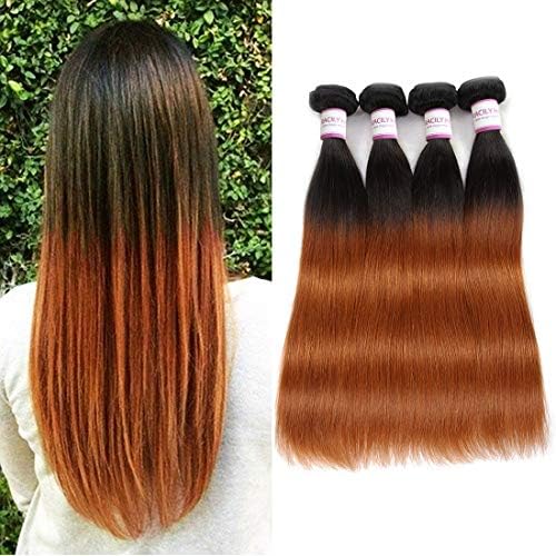 Racily Hair 1B/30 Ombre Brazilian Hair Straight 4 Bundles Deals Color Black to Dark Brown 8A Remy Silky Straight Virgin Human Hair Sew in Weave 10-26 Inch Unprocessed Hair (20"22"24"26")