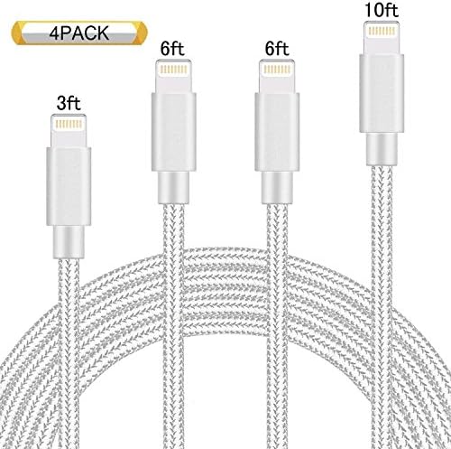 iPhone Lightning Cable charger cord MFi Certified to USB Charging &amp; Syncing charger cord Nylon Braided for 【4Pack 3FT 6FT 6FT 10FT】 (Silver&amp;White)