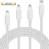iPhone Lightning Cable charger cord MFi Certified to USB Charging & Syncing charger cord Nylon Braided for 【4Pack 3FT 6FT 6FT 10FT】 (Silver&White)