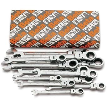 Beta 142SN/S12 Swivel End Ratchet Combination Wrench Set, 12 Pieces ranging from 8mm to 19mm in box, Chrome Plated