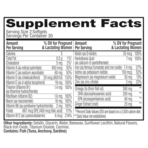 OLLY ULTRA STRENGTH PRENATAL MULTIVITAMIN SOFTGELS, SUPPORTS HEALTHY GROWTH, BRAIN DEVELOPMENT, IRON, FOLIC ACID, DHA, VITAMINS C, E, 30 DAY SUPPLY-60 COUNT