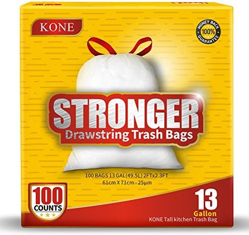 KONE Tall Kitchen Drawstring Trash Bags Strong Plastic Garbage Bag 13 Gallon - 100 Count