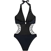 SweatyRocks Women's Deep V Neck Cutout High Waisted Halter Monokini One Piece Swimsui