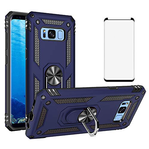 Phone Case for Samsung Galaxy S8 with Tempered Glass Screen Protector Magnetic Rugged Stand Ring Holder Mobile Accessories Protective Hard Shockproof Bumper Glaxay S 8 8S Edge GS8 Girls Women Men Blue