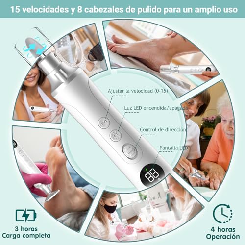 Lima Para Pies Electrica, Removedor de Callos Para Pies ajustables de 15 velocidades con pantalla LED, lima para uñas pies 2 en 1, lima electrica pedicure para pies recargable de 2000 mAh para piel muerta y uñas gruesas