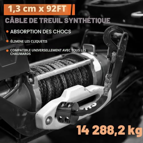 SHALL Tow Straps & Ropes, Synthetic Winch Rope 12mm x 28m, 16 Ton (16500 LB), Protective Sleeve, Forged Winch Hook and Safety Strap.
