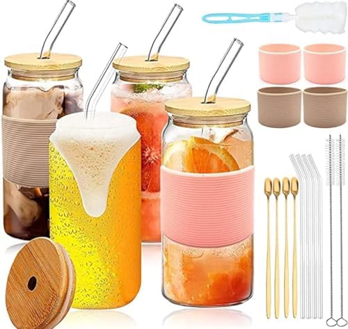 Drinking Glass Cups with Bamboo Lids and Glass Straw Beer Can