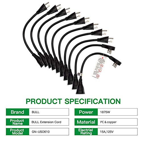 BULL 10 Pack 14AWG Short Power Extension Cord, Two 360 Degree Rotating