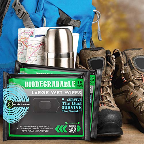 Surviveware Biodegradable Wet Wipes, Travel Pack, Face and Body Wipes