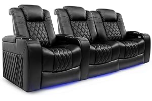 VALENCIA THEATER SEATING Valencia Tuscany Home Theater Seating | Premium Top Grain Italian Nappa 11000 Leather, Power Reclining, Power Lumbar Support, Power Headrest (Row of 3 Loveseat Right, Black)
