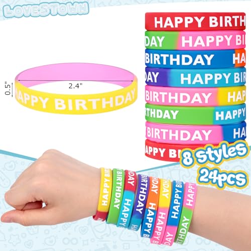 LovesTown 24PCS Happy Birthday Rubber Bracelets, Silicone Stretch Wristbands for Kids Party Supplies