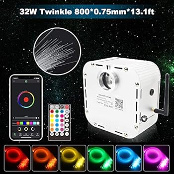 CHINLY Bluetooth 32W RGBW Twinkle LED Fiber Optic Star Ceiling Kit Sound-activated APP/Remote Control 800pcs 13.1ft 0.75mm +10 Crystals