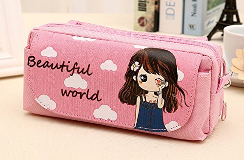 YunKo Portable Large Capacity Cute Pink Multi-layer Cartoon Pencil Case Cosmetic Bag Simple Lovely Cute Canvas Multi-functional Stationery Gift for girls