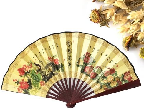 Skuleer(TM) 1pcs GSFY-Men Women Wood Handle Fabric Folding Hand Fan 13-inch Length Yellow[ 12 ]