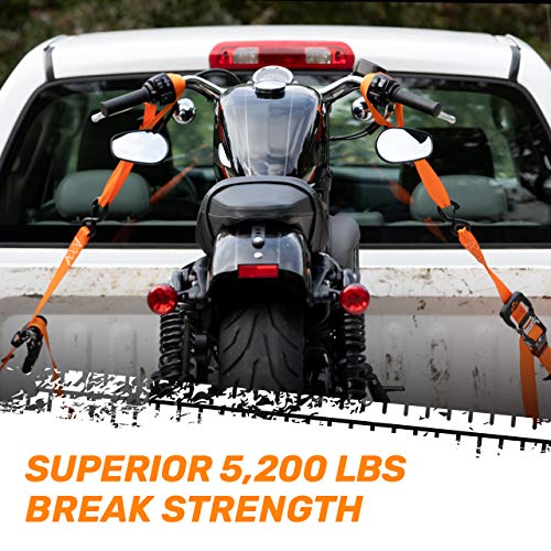 Ratchet Straps by RoofPax (2-Pack) | Heavy Duty Motorcycle Tie downs Kit | 5,208 Break Strength | 1.6" x 8' Cargo Tiedowns For Heavy Loads | Padded Handles & Coated Chromoly | S Hooks w/ 2 Soft Loops