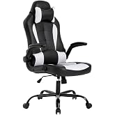 BestOffice Ergonomic Gaming Chair for Adults, Office Desk Chair, White | High back PU leather gaming chair with lumbar support, adjustable headrest, flip-up arms, rocking tilt and 250 lb capacity