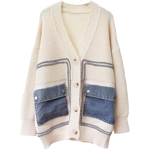 Winter Denim Patchwork Knitting Cardigan for Women Loose V Neck