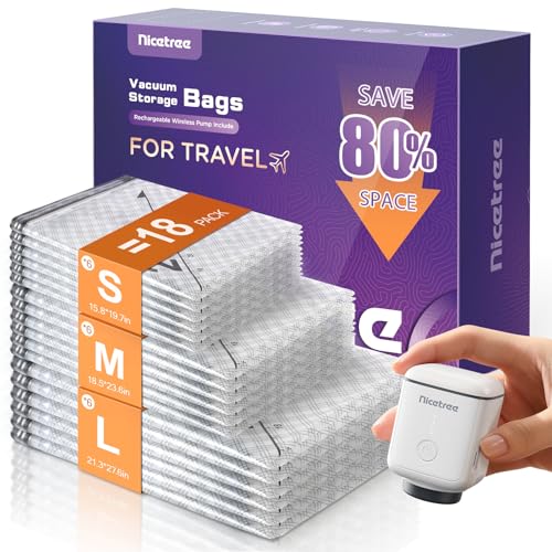 Nicetree 18-Pack Vacuum Bags for Travel with Rechargeable Pump, Compression Packing Bags for Carry-On Luggage & Suitcase, Vacuum Seal Bags for Clothing, 3 Sizes for Travel & Home Storage