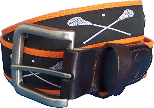 No27 Mens Black Lacrosse on Orange Leather Belt, Leather Tab and Buckle, Lacrosse Leather Belt