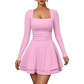XXTAXN Women’s Sexy Long Sleeve Square Neck Flowy Hem Ruched High Waist Party Mini Dress with Side Pocket