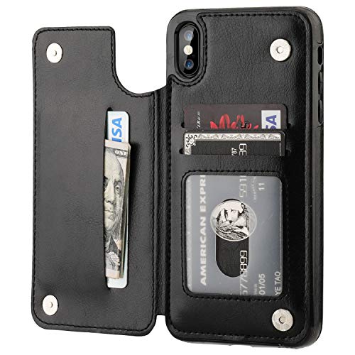 iPhone Xs Max Wallet Case with Card Holder,OT ONETOP Premium PU Leather Kickstand Card Slots Case,Double Magnetic Clasp and Durable Shockproof Cover 6.5 Inch(Black)