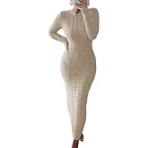 chouyatou Women's Sexy Crewneck Long Sleeve Cable Knit Bodycon Maxi Pullover Sweater Dress