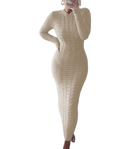 IVERIRMIN Cable Knit Maxi Bodycon Sweater Dress for Women, Top Fashion Casual Crewneck Women's Solid Long Sleeve Sweater Dresses Beige : Clothing, Shoes & Jewelry