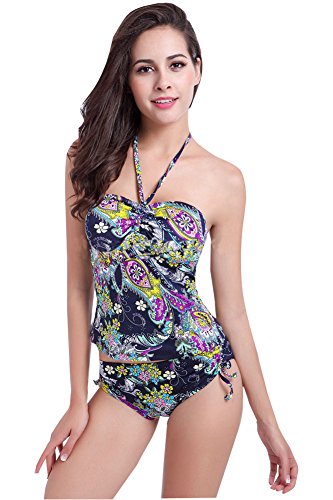 Shawhuaa Womens Floral Ruched Halter Tankini Swimsuit Swimwear
