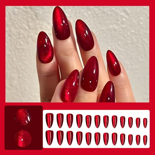 24 Pcs Spring Red Press on Nails Short Almond - YEFIUO Cat's Eye Nail Tips Acrylic Nail Kit Fake Nails Press ons French Glue on Nails Short Nail Art Full Cover Glitter False Nails for Women - Image 2