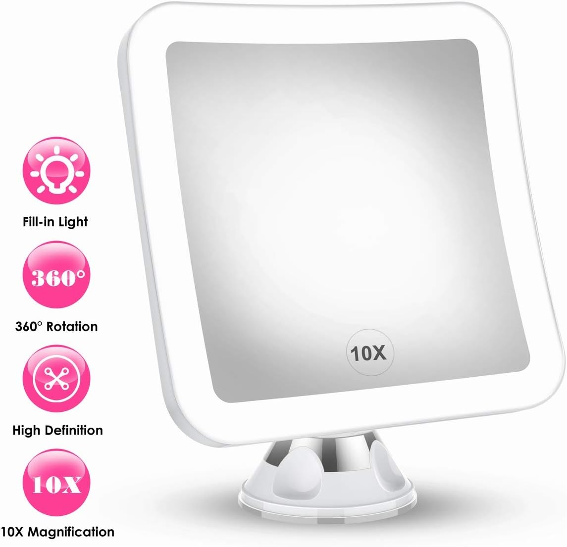 2020 Upgraded 10x Magnifying Lighted Makeup Mirror with Natural White LED Lights, 360°Swivel Portable Cordless Makeup Mirrors with Locking Suction Base for Home Bathroom Shower and Travel: Furniture & Decor