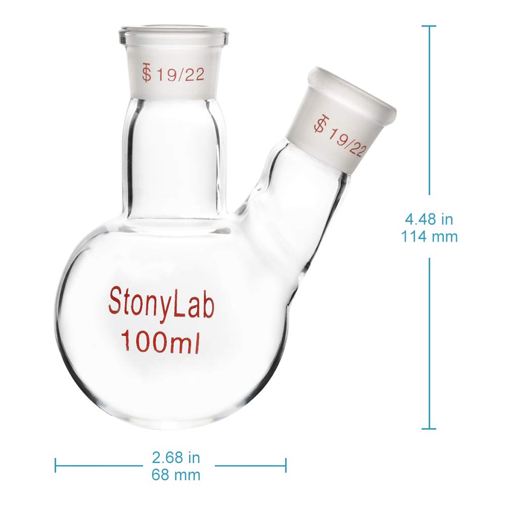 StonyLab Glass 100ml Heavy Wall 2 Neck Round Bottom Flask RBF, with 19/22 Center and Side Standard Taper Outer Joint, 100ml - Image 3