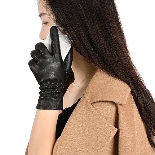 GSG Womens Touchscreen Italian Genuine Nappa Leather Gloves Lady Driving Gloves Smart Full Palm Winter Black, Large