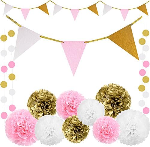 26 Piece Pink and Gold Party Supplies Decoration Kit | Large Sized Vintage Triangle Flags | Large 14” Pom Pom Tissues | For Baby Shower, 1st Birthday, Wedding, Girls Decor
