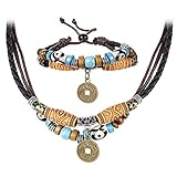 Finrezio Ancient Tribe Unisex Hemp Genuine Leather Choker Necklace and Bracelets Set with Turquoise Bead Adjustable Length