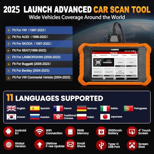 LAUNCH X431 Elite 2.0 Pro for VW Audi Skoda Seat Car Diagnostic Suitcase, Bidirectional Scan Tool for V.A.G Vehicles, 50+ Reset, ECU Coding, Key Programming
