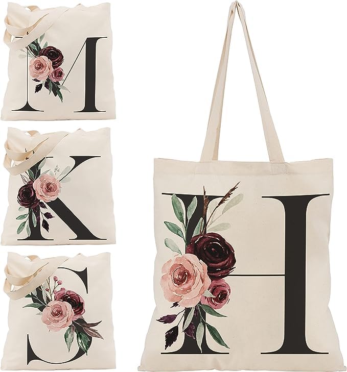 Floral Initial Canvas Bag Gifts for Women - 15"x16" Shoulder Tote Bags for Bridesmaids Hen Party Teacher Gift Shopping Bag C1 (Initial #H)