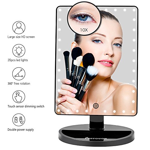 Large Lighted Vanity Makeup Mirror (X-Large Model), Funtouch Light Up Mirror with 35 LED Lights, Touch Screen and 10X Magnification Mirror, 360Â° Rotation Tabletop Cosmetic Mirror (Black)
