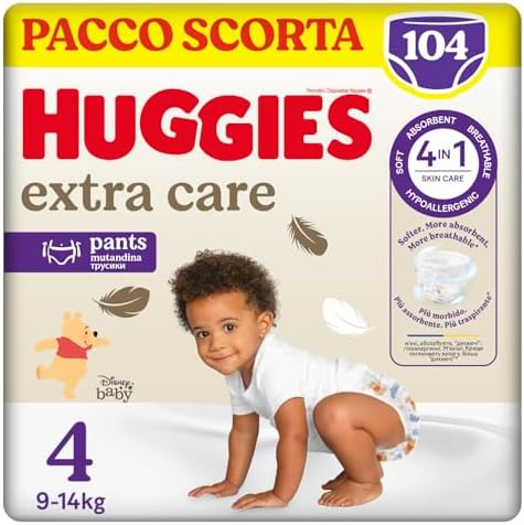 Extra Care, Pannolini Taglia 4 (9-14 kg), Mutandina traspirante, Pacco Scorta, 104 Pz