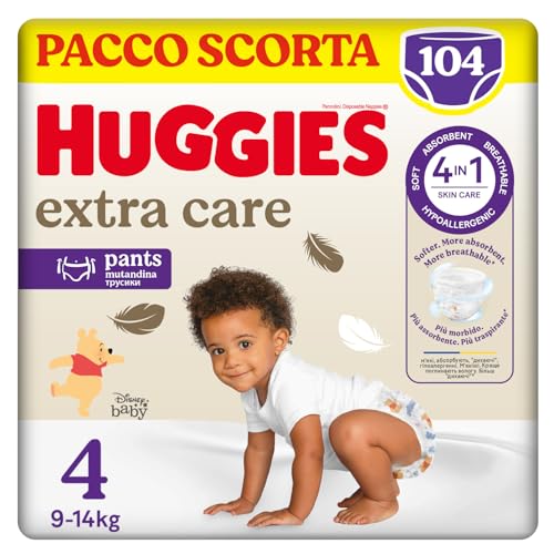 Huggies Extra Care Nappy Pants Size 4, 104 Nappy Pants, 9kg-14kg