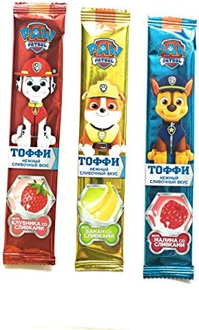 Paw Patrol Taffy Fruit Chews Set of 3 Assorted Fruit Creamy Flavors Strawberry Raspberry Banana Individually Wrapped Chewy Juicy Candy Bars Kids Love