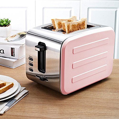 Click Here to See More Images 2-Slice Fully Automatic Toaster Stainless Steel With Dust Cover 3.5Cm Extra Wide Slots Removable Crumb Tray Auto Shut-Off High Lift Lever,Pink